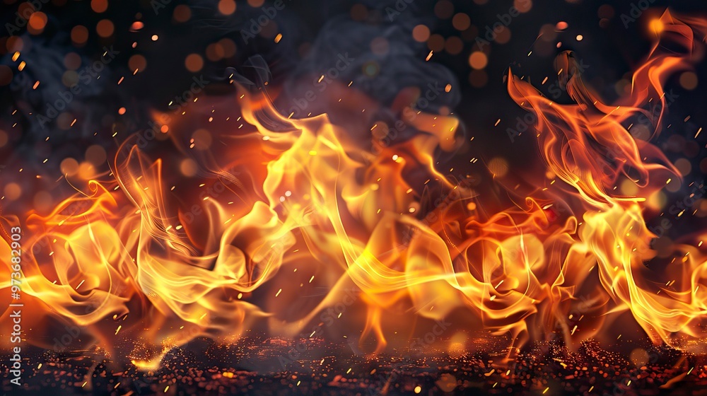 Translucent fire flames and sparks with horizontal repetition on transparent background