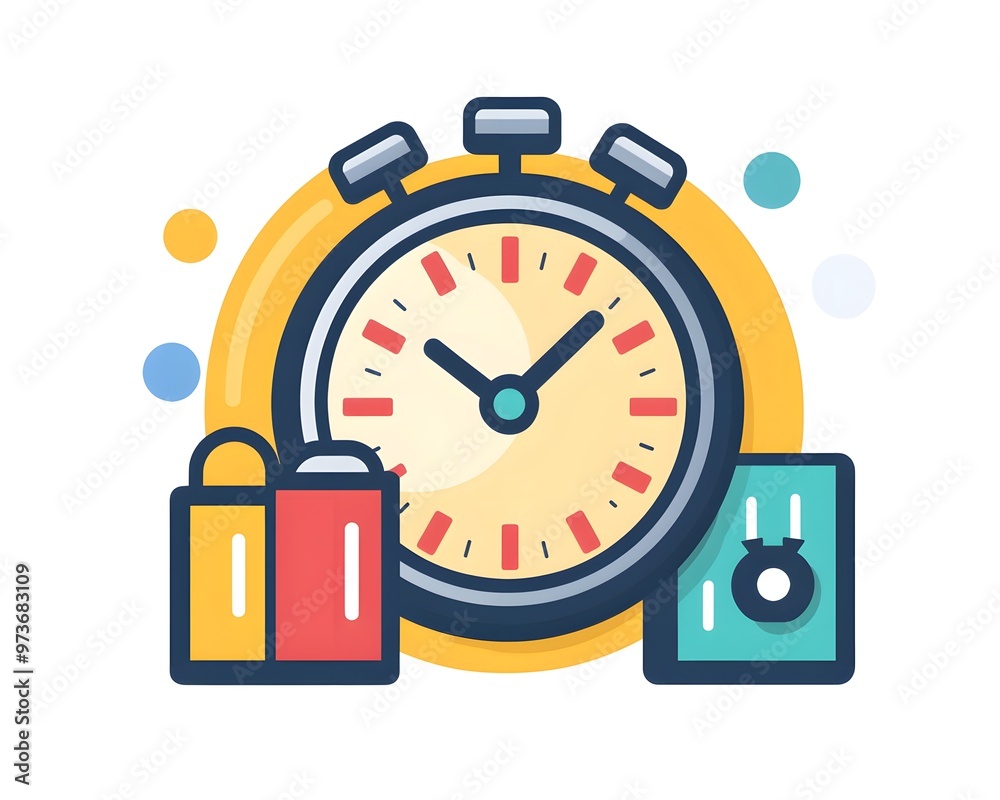 A colorful illustration of a timer, symbolizing urgency and time management, accompanied by shopping bags and a safe. A colorful illustration of a timer, symbolizing urgency and time management, accompanied by shopping bags and a safe.
