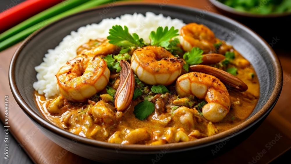 Delicious seafood curry with rice ready to be savored Delicious seafood curry with rice ready to be savored