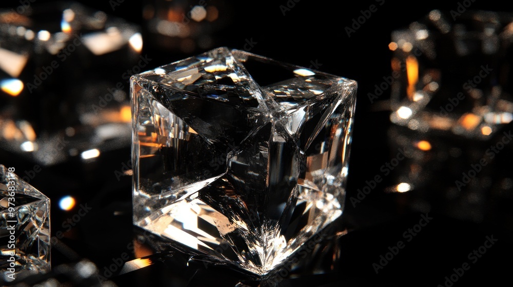 A close-up of a clear, faceted, cubic crystal with blurry reflections and highlights. A close-up of a clear, faceted, cubic crystal with blurry reflections and highlights.