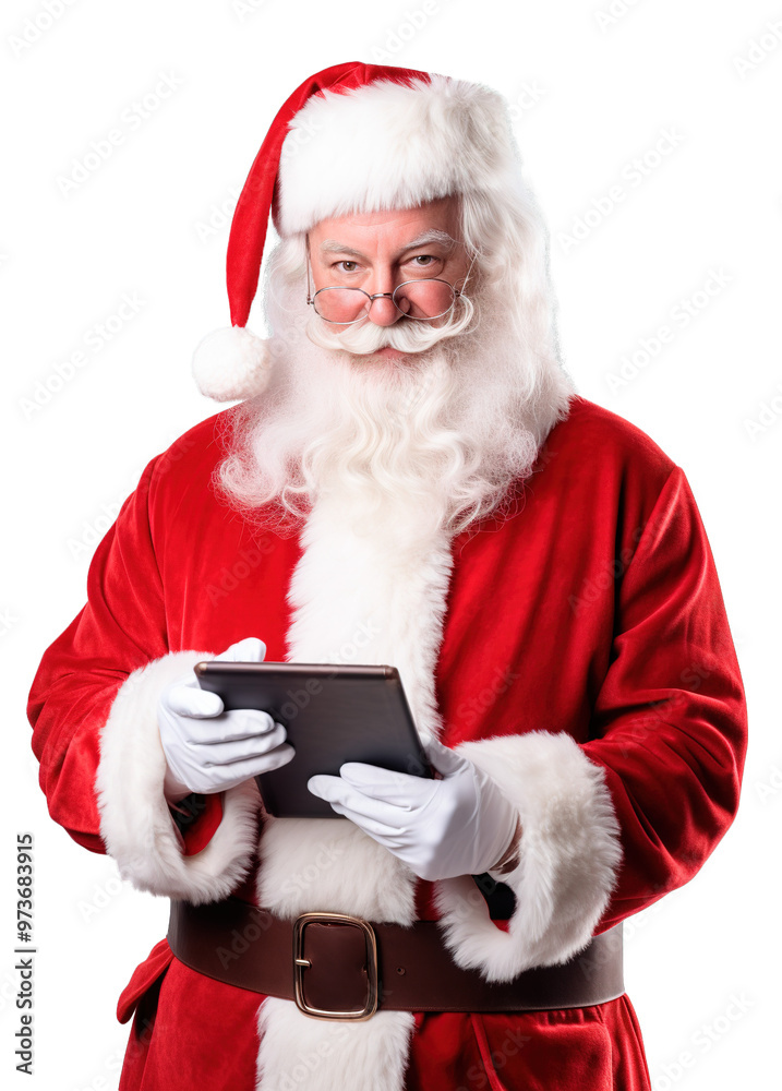 Naklejka premium Santa Claus portrait holding digital tablet and looking at camera. Posing over white and isolated transparent background