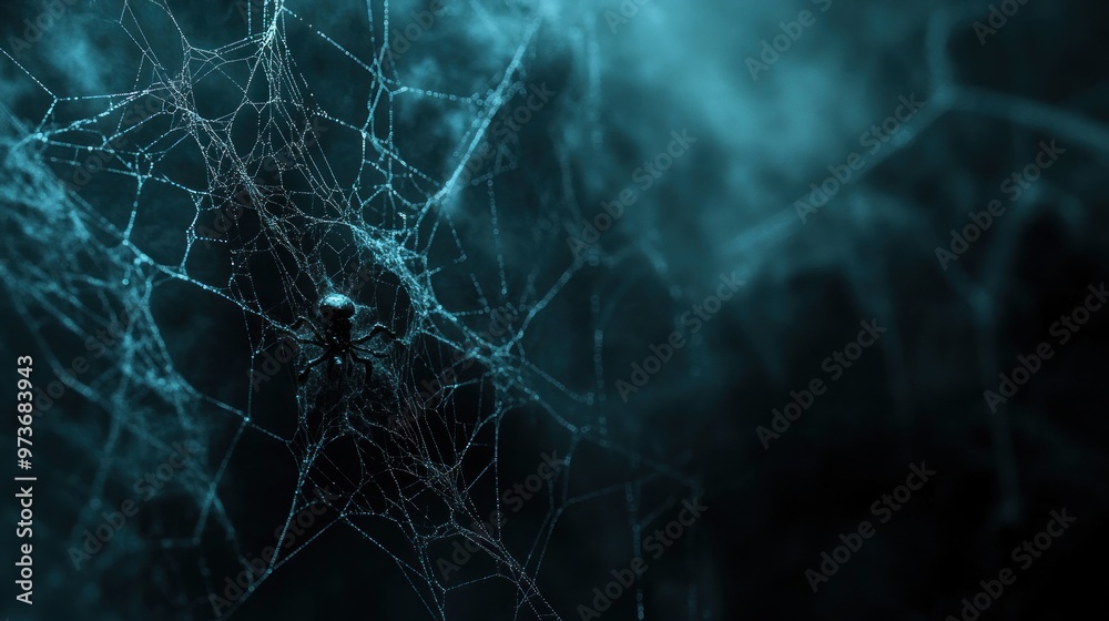 A spider sits in the center of a web, its silhouette barely visible against the dark blue background. A spider sits in the center of a web, its silhouette barely visible against the dark blue background.