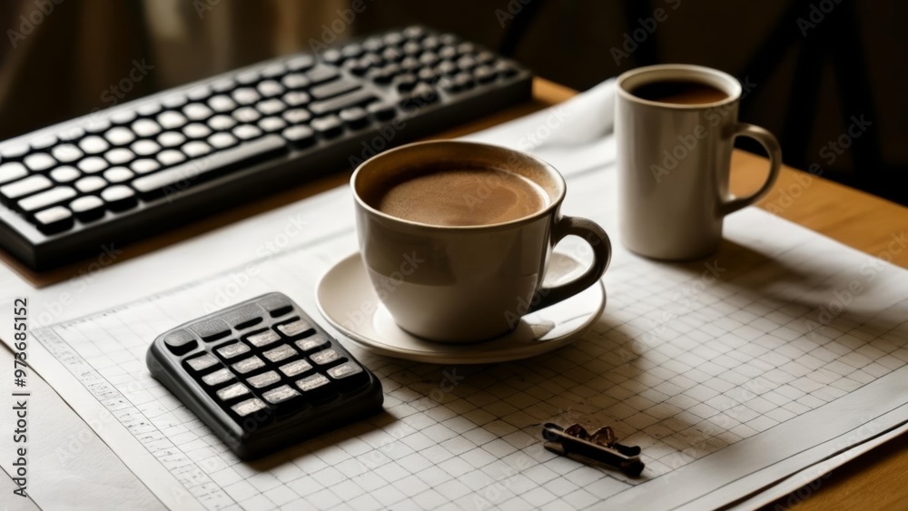 Focused workspace with coffee and calculator Focused workspace with coffee and calculator