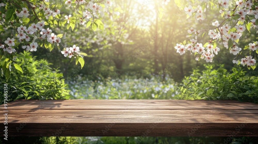 Fototapeta premium A wooden table top with a blurred background of a flowering tree and green foliage.