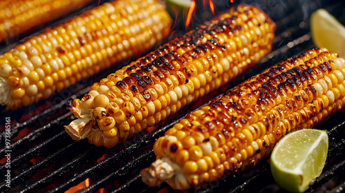 Close-up of grilled corn, with each kernel caramelized to a golden crisp, served hot off the grill