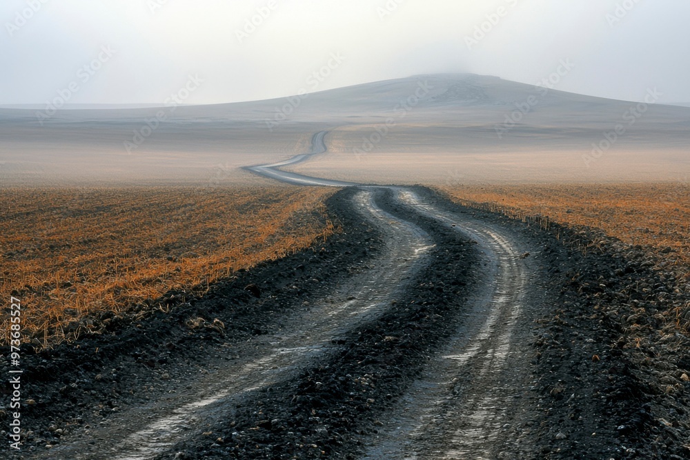 Fototapeta premium Winding Dirt Road Through Foggy Landscape