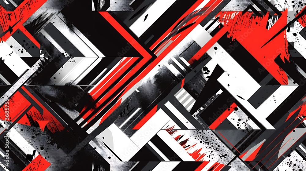 A dynamic all-over print pattern featuring zigzag lines and sharp geometric shapes in contrasting colors like black, white, and red, for a bold, edgy look. 8k UHD, suitable for high-quality A dynamic all-over print pattern featuring zigzag lines and sharp geometric shapes in contrasting colors like black, white, and red, for a bold, edgy look. 8k UHD, suitable for high-quality