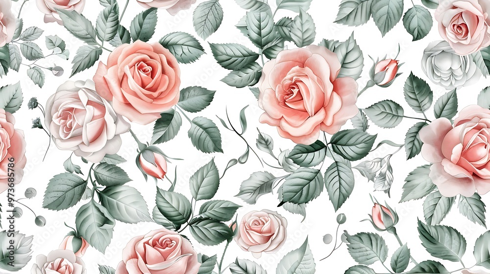 A floral all-over print pattern with delicate roses and leaves, arranged in a seamless design, using soft pink and green tones on a white background. 8k UHD, suitable for high-quality printing A floral all-over print pattern with delicate roses and leaves, arranged in a seamless design, using soft pink and green tones on a white background. 8k UHD, suitable for high-quality printing