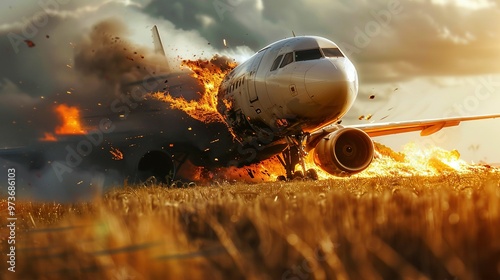 Airplane Crashes Amidst a Field and Ignites in Flames During a Dramatic Emergency Landing photo