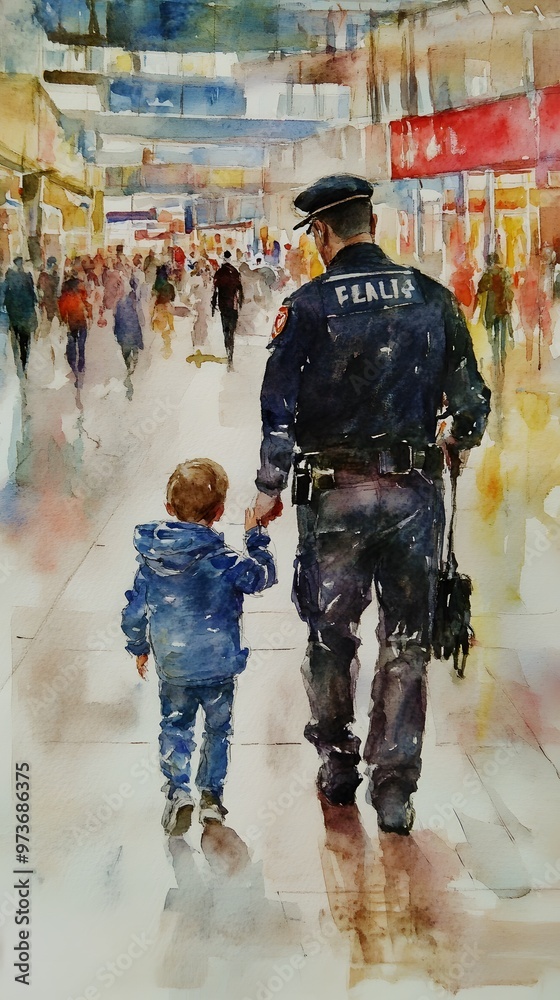 Obraz premium A police officer walking hand in hand with a child in a bustling shopping area, capturing a moment of safety and community.