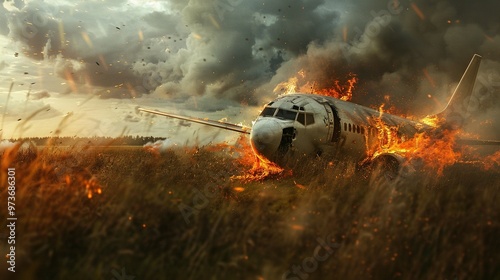 Dramatic Emergency Landing: Airplane Crashes and Ignites in Flames Amidst a Field photo