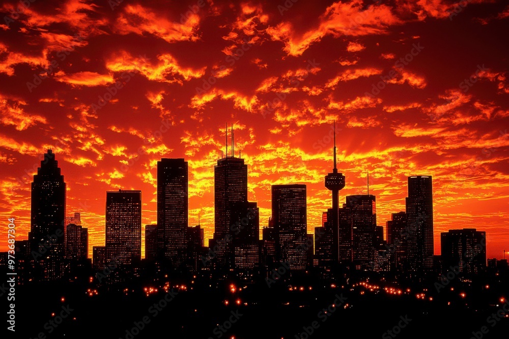 Fototapeta premium A Cityscape Silhouette Against a Fiery Sunset Sky