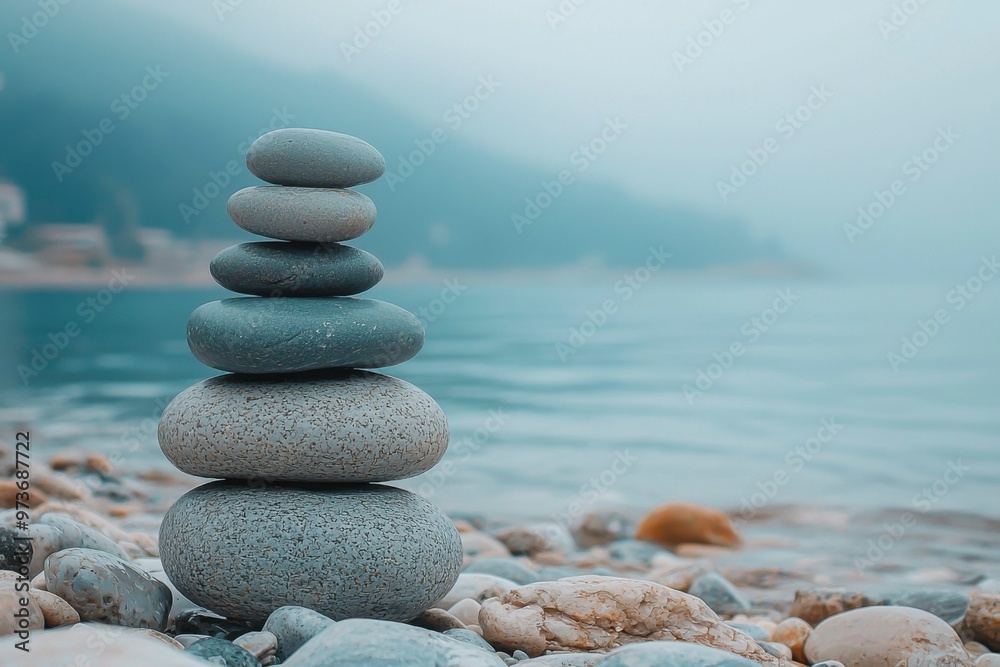 Fototapeta premium Stacked Stones on a Pebbled Beach with a Misty Background