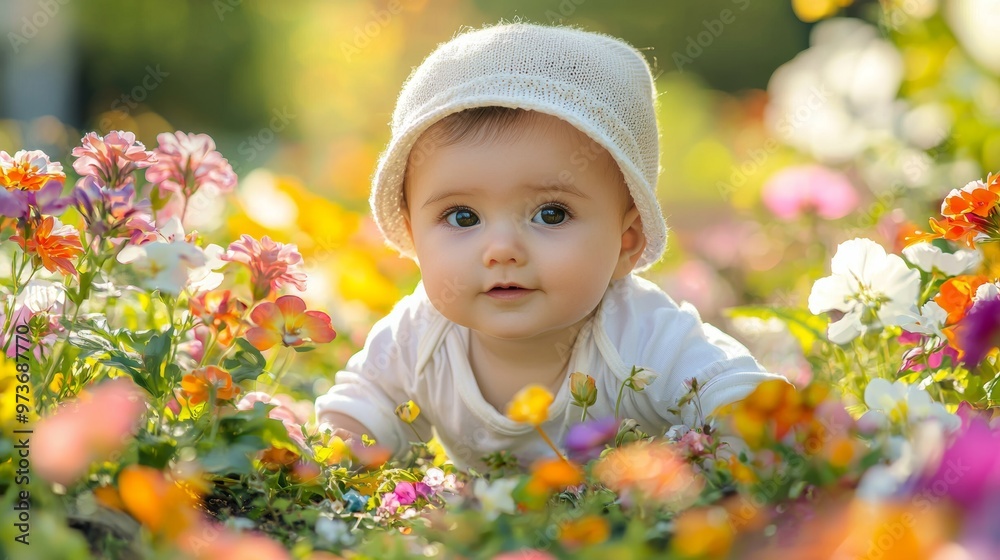 Baby in Flowers Happy Child in a Garden Adorable Toddler Among Blooming Flowers Baby in Flowers Happy Child in a Garden Adorable Toddler Among Blooming Flowers
