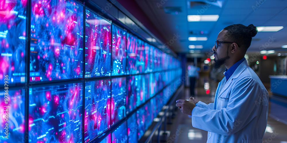 Scientist analyzing data on futuristic screens, Man in lab coat examining digital displays
Scientist analyzing data on futuristic screens, Man in lab coat examining digital displays