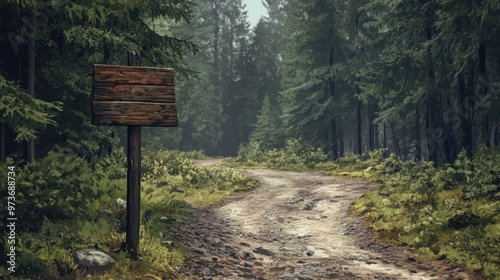 A sign is on a wooden post in a forest