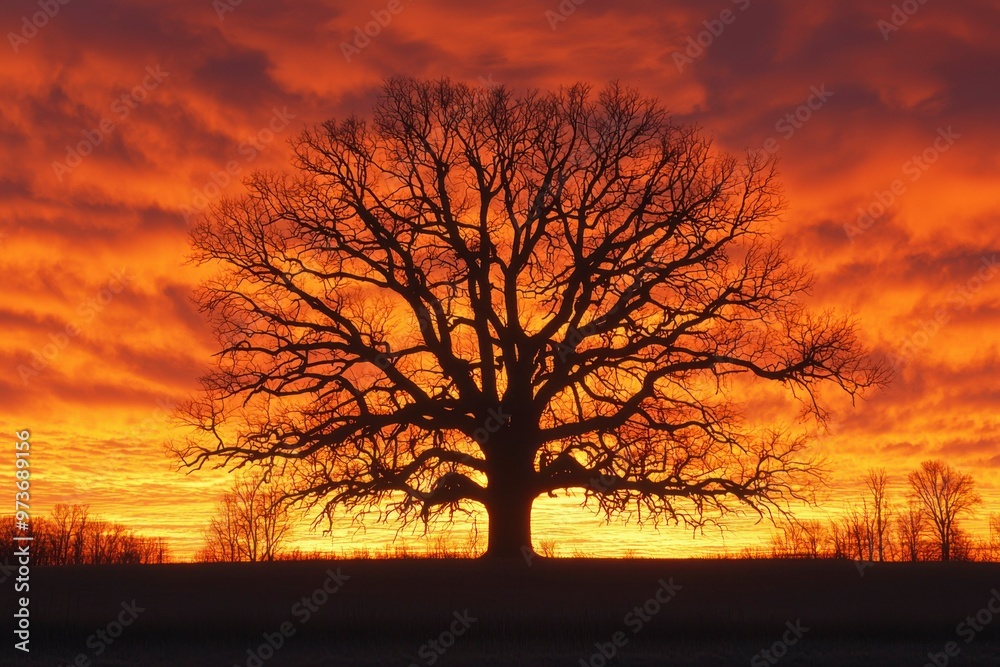Silhouette of a Large Tree Against a Dramatic Orange Sunset Silhouette of a Large Tree Against a Dramatic Orange Sunset