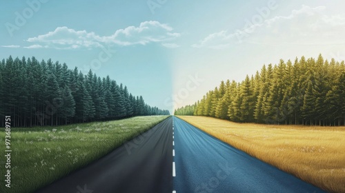 A road with two different landscapes on either side