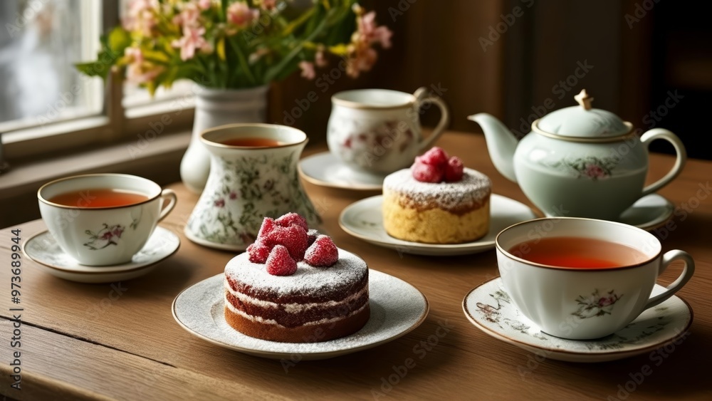 Elegant afternoon tea setting with cakes and tea cups Elegant afternoon tea setting with cakes and tea cups