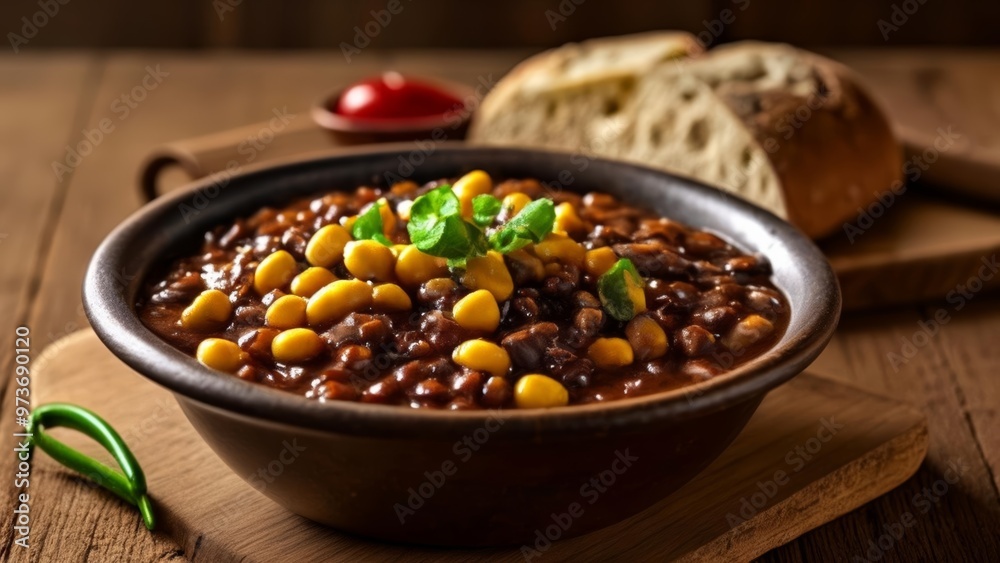  Hearty bean stew with corn and herbs served on a rustic wooden table