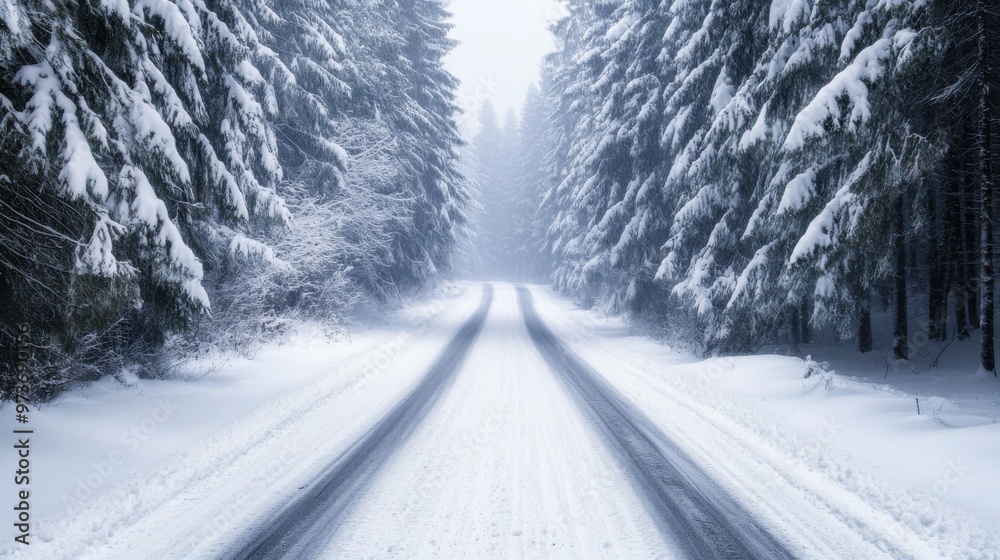 Obraz premium A snow covered road with a line of trees on either side