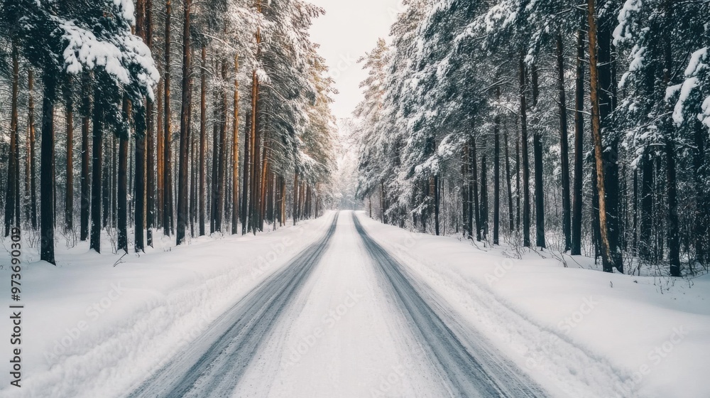 A snow covered road with trees in the background A snow covered road with trees in the background