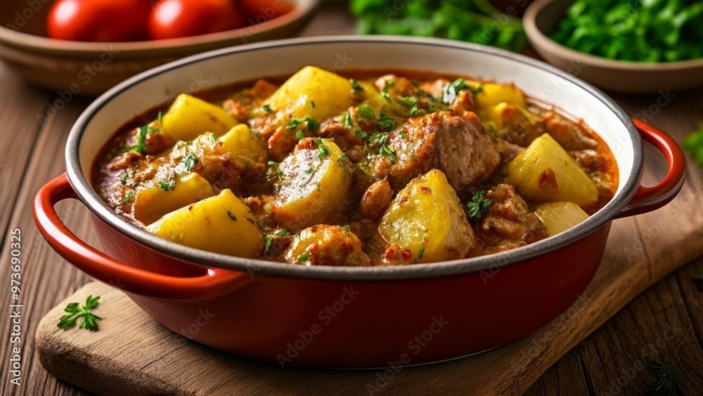 Delicious stew with meat and potatoes ready to serve Delicious stew with meat and potatoes ready to serve
