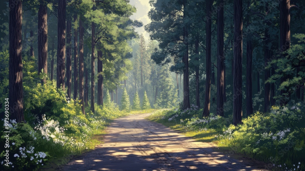 Obraz premium A forest path with a road running through it