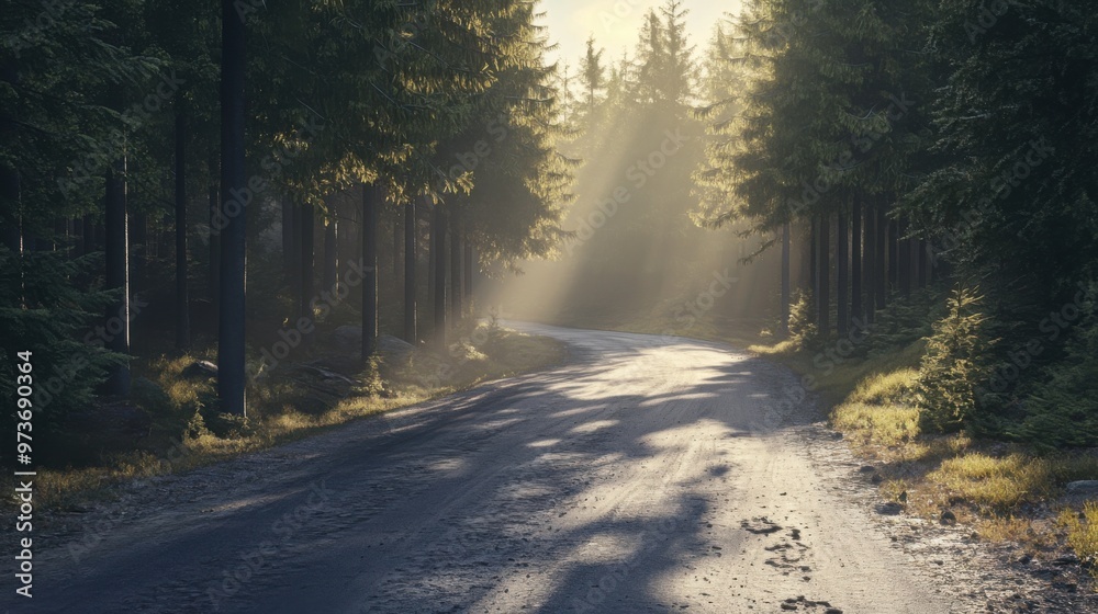 Obraz premium A forest path with sunlight shining through the trees