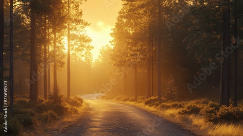 A road in a forest with the sun shining through the trees