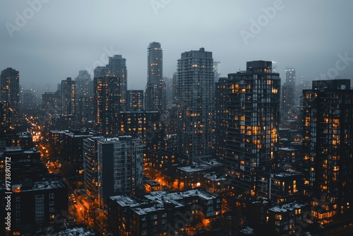 An aerial view of a cityscape with buildings lit up at night