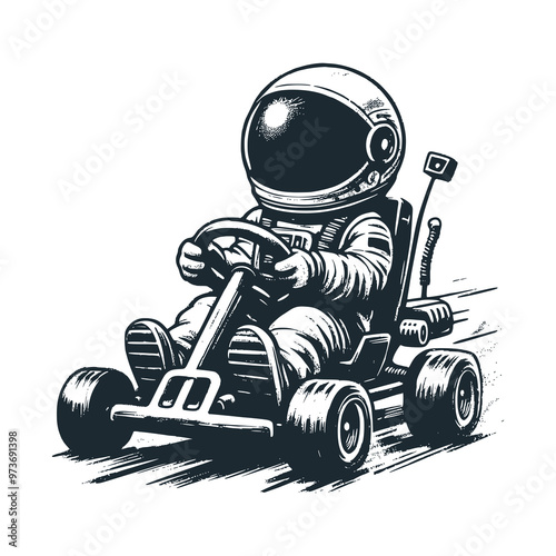 Cute astronaut riding a gokart. Black white vector. Icon and logo illustration.