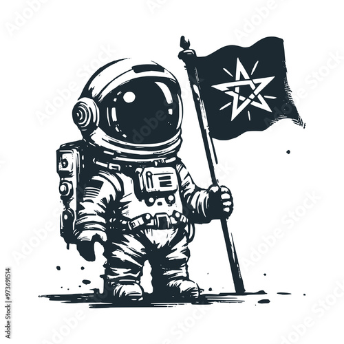 Cute astronaut hold a Ethiopia flag. Black white vector. Icon and logo illustration.