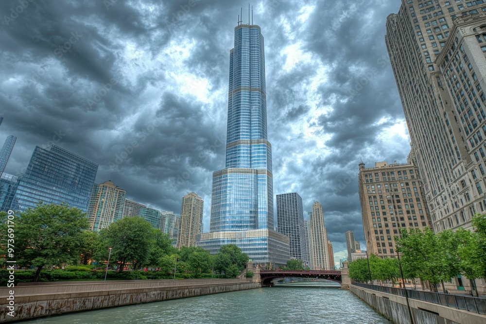 Naklejka premium Chicago Skyscraper and River with Stormy Clouds