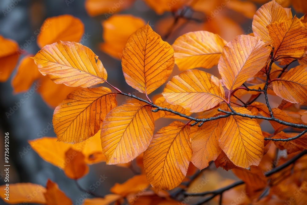 Close-up of Autumn Leaves on a Branch with Veins