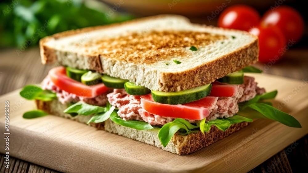 Deliciously stacked A gourmet sandwich in focus Deliciously stacked A gourmet sandwich in focus