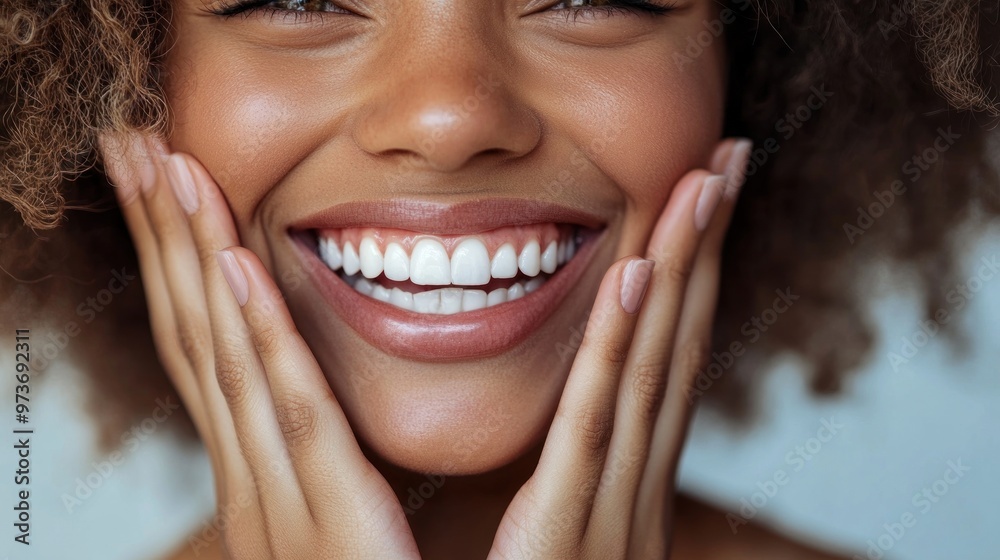 Obraz premium Close-up of a woman smiling with her hands on her face.