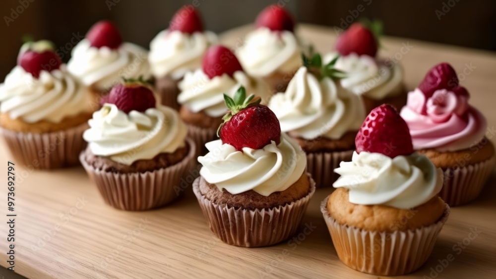 Deliciously tempting cupcakes with fresh strawberries and whipped cream Deliciously tempting cupcakes with fresh strawberries and whipped cream