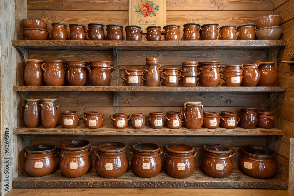 A Collection of Brown Clay Pots on Wooden Shelves A Collection of Brown Clay Pots on Wooden Shelves