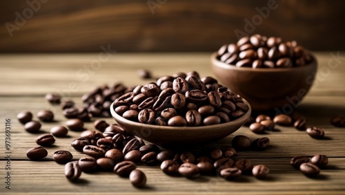  Coffee beans in wooden bowls ready for brewing