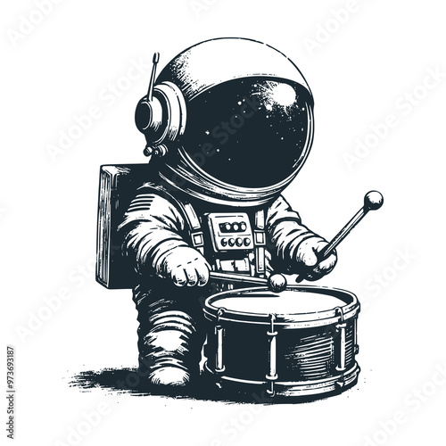 Cute astronaut playing a drums. Black white vector icon and logo illustration.