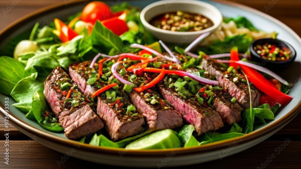 Deliciously grilled steak with fresh salad and dipping sauce Deliciously grilled steak with fresh salad and dipping sauce