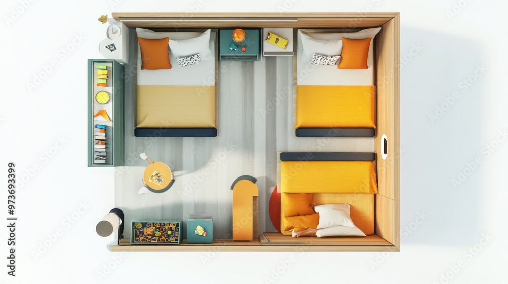 Top view of a modern bedroom with two beds, yellow pillows, and a wooden floor. Top view of a modern bedroom with two beds, yellow pillows, and a wooden floor.