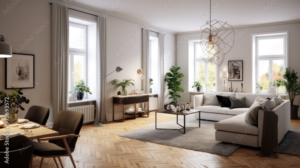 Fototapeta premium Modern Living Room with White Sofa and Wooden Floor
