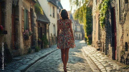 A young woman in a stylish sundress, walking along a cobblestone street in a historic European town photo