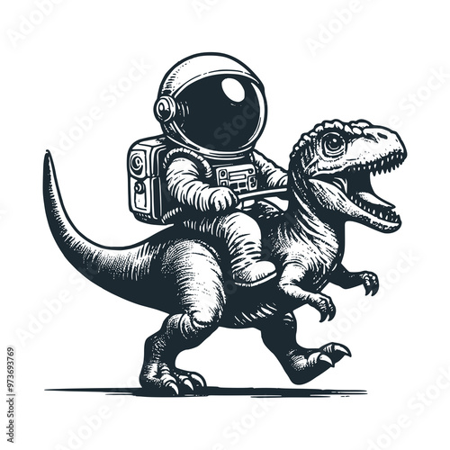 Cute astronaut riding a dinosaur. Black white vector. Icon and logo illustration.