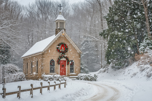 Quaint church in a picturesque snowy setting, adorned with Christmas decorations highlighting its charm photo