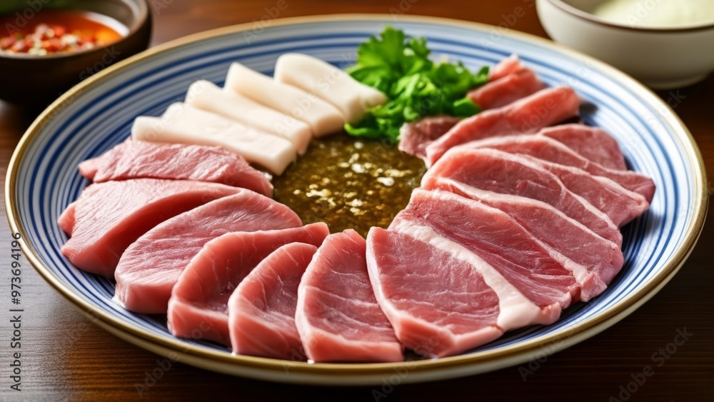 Deliciously arranged beef slices ready to be savored Deliciously arranged beef slices ready to be savored