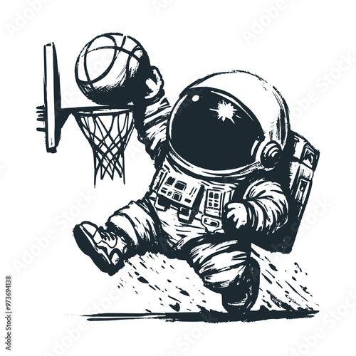 Cute astronaut playing basketball. Black white vector icon and logo illustration.