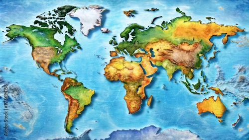 A beautifully colored and highly detailed illustration of the world map, showcasing continents, countries, and major